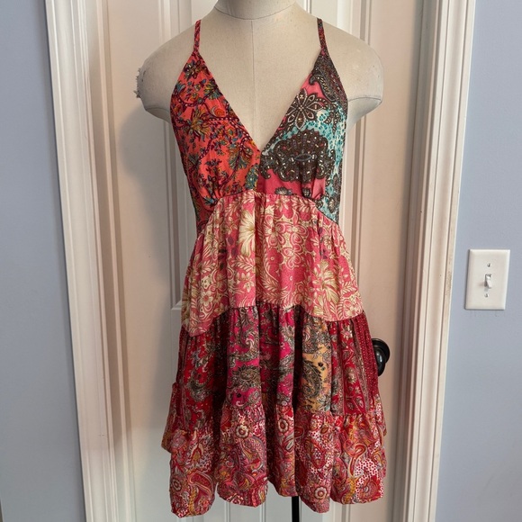 NEW Paani Large Mini Dress ~ Boho Beach Hippie Mix Print Floral Party - Picture 1 of 7